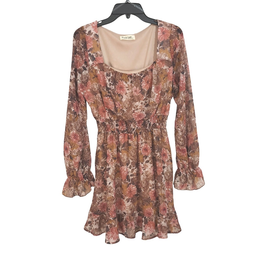Peach Love California Floral Smocked Chiffon Mini Dress Medium Brown Pink‎